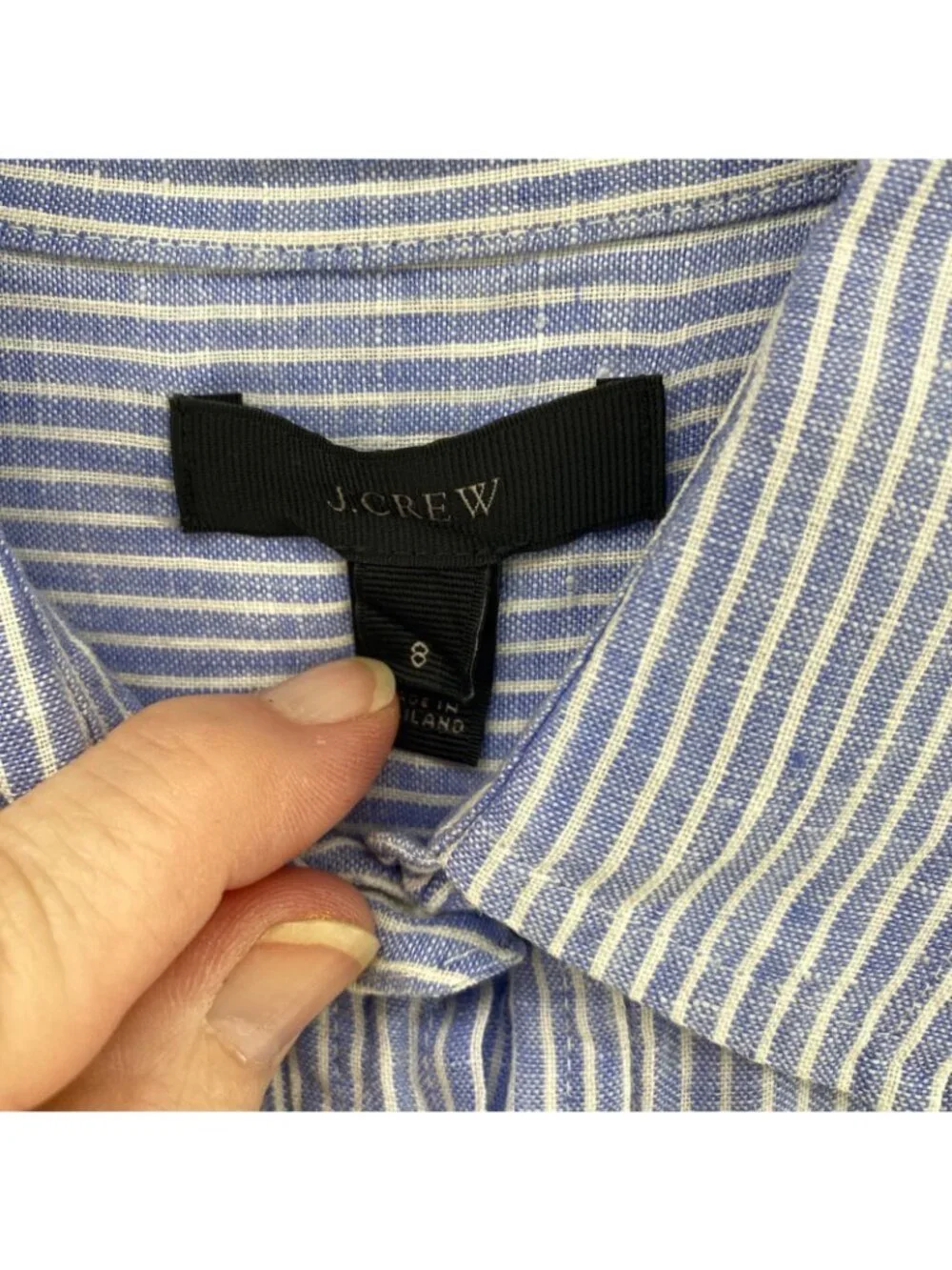 J Crew Top Womens 8 Blue Striped Linen 3/4 Button Popover Long Sleeve Collared